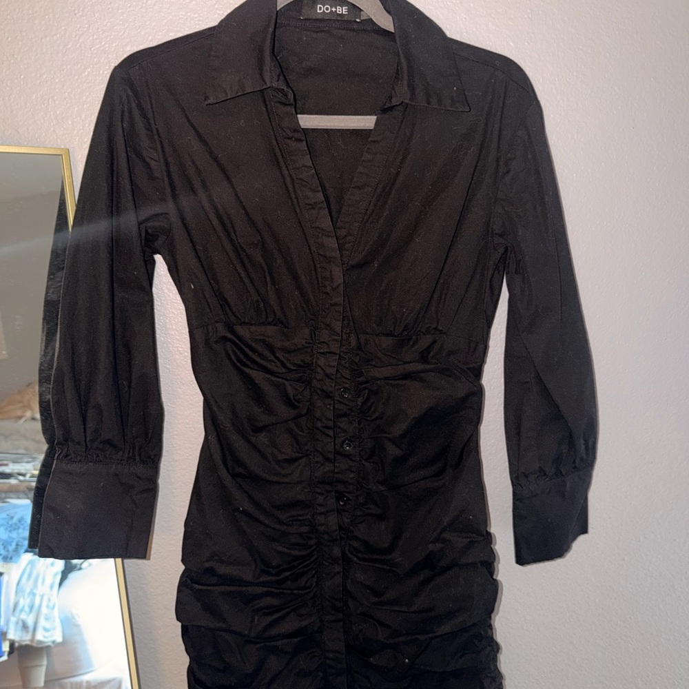Black Ruched Button-Up Dress